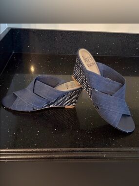 *Impo Denim Blue Stretch Wedges Sandals Mules Slides BOHO Beach Vacation